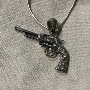 Silver Revolver Charm Necklace with Crystal Accents